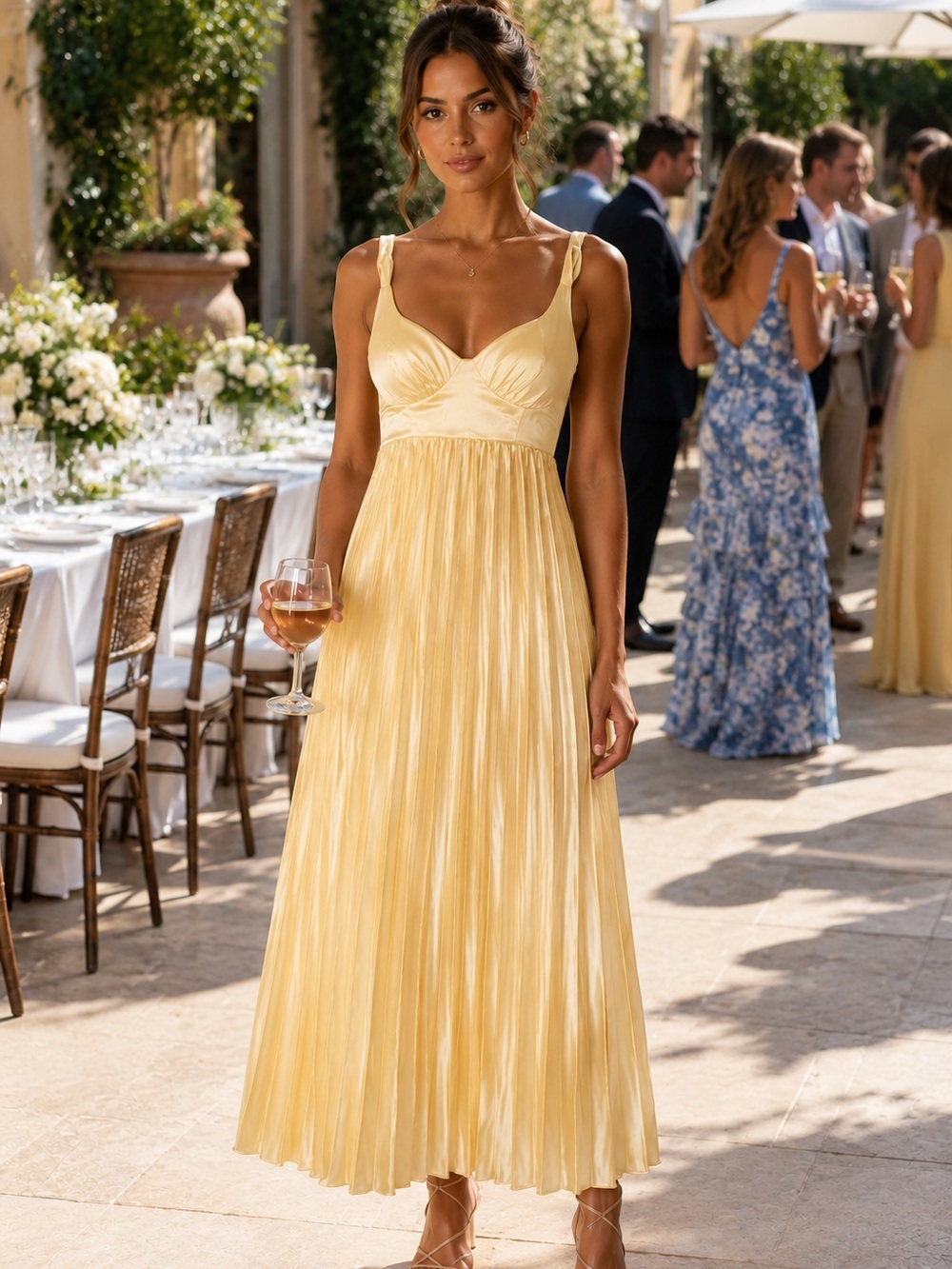 Yellow Satin Pleated Midi Dress Open Back Wedding Guest Formal Dress - Picture 2 of 11